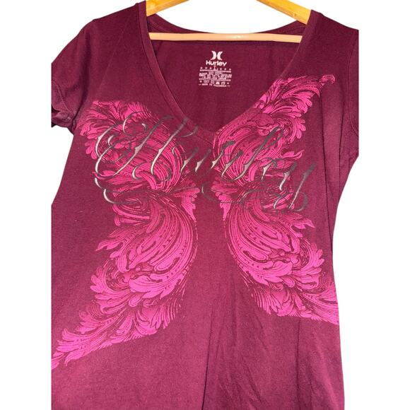 Hurley Y2K Deep Scoop V Neck Size Large Red Logo Short Sleeve Distressed ~Flawed - Picture 2 of 7